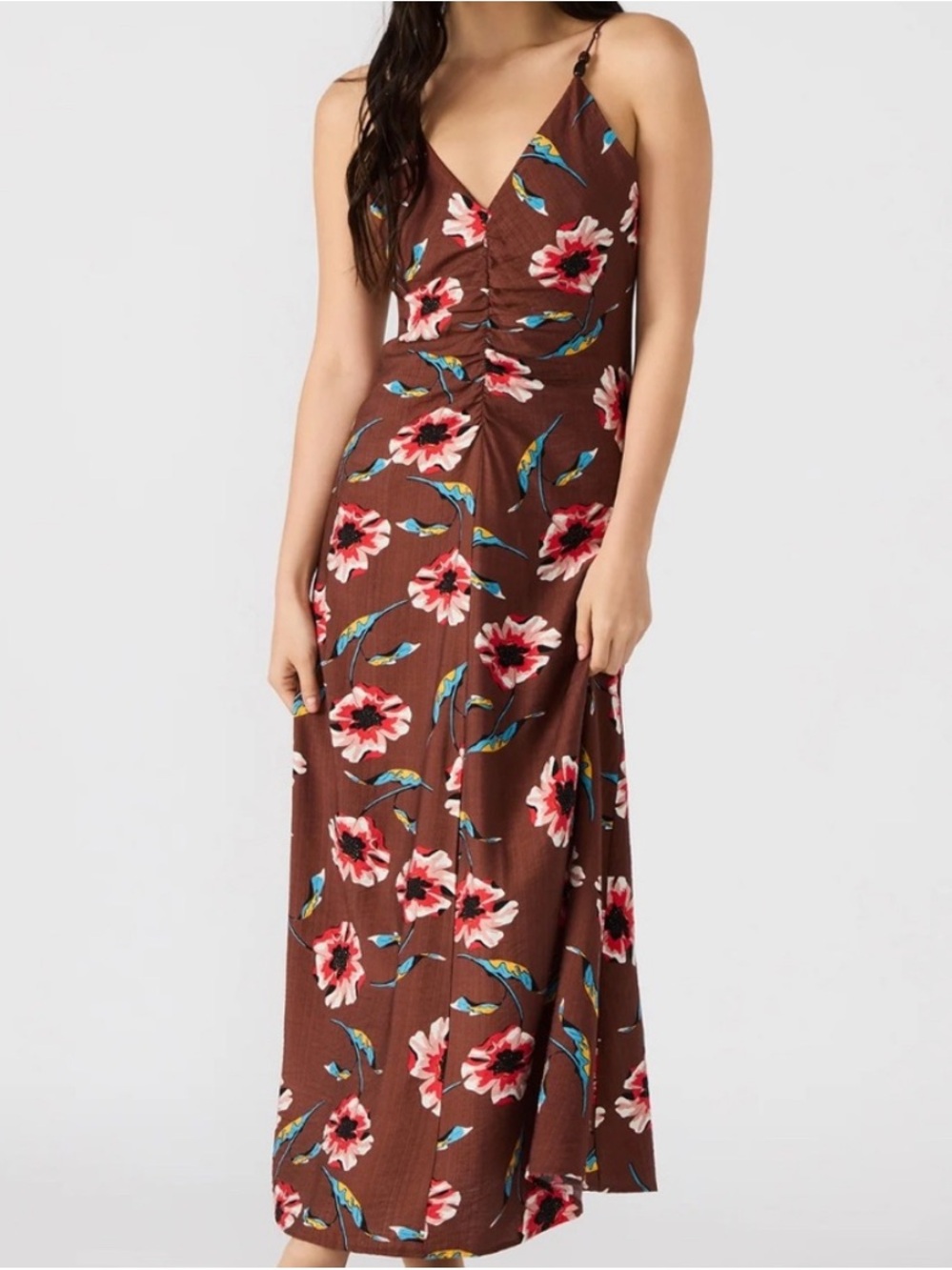 Steve Madden Brown Monroe
Floral Maxi Dress with Red-Pink Blooms NWT